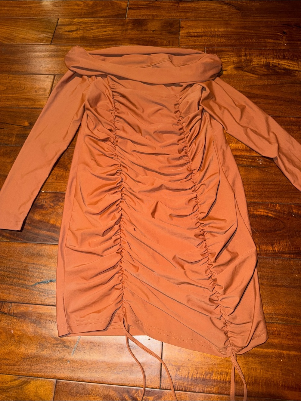 SHEIN Terracotta Ruched Off-Shoulder Long Sleeve Dress
